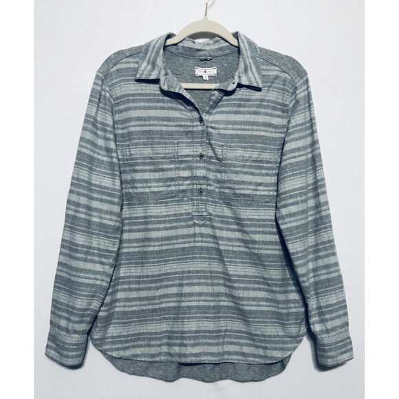 Lou & Grey Womens Medium Gray Stripe Heathered Popover Blouse Roll Tab Sleeves - Picture 1 of 6